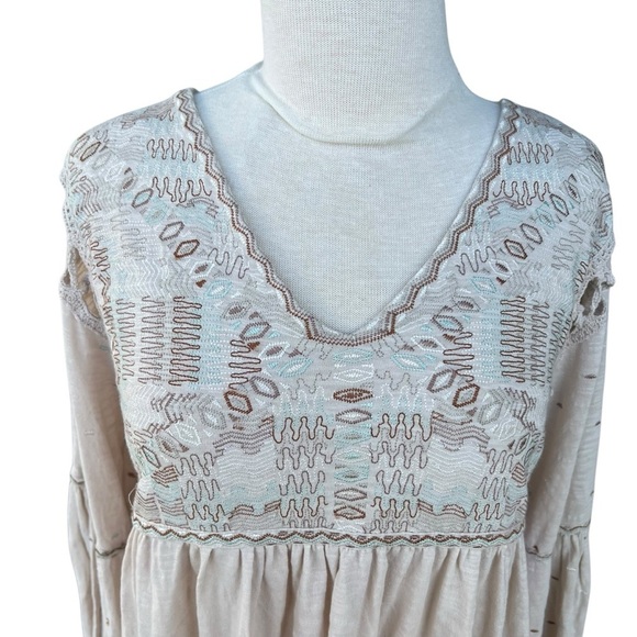 Free People Much Love Tunic Salt Boho Embroidered Blouson Sleeves Open Back NWT - Picture 4 of 13